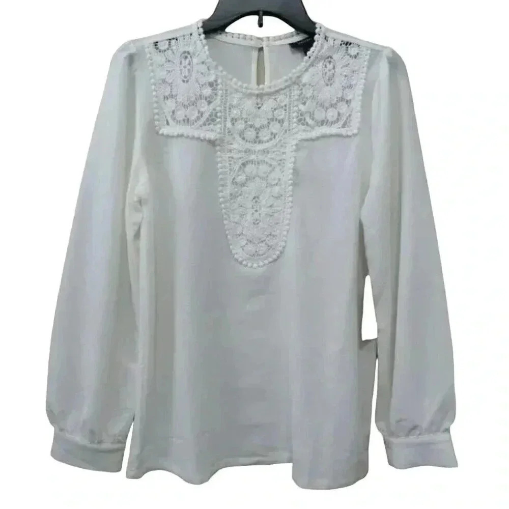 Halogen Women's Crochet Detail & Crepe Blouse, White, XS